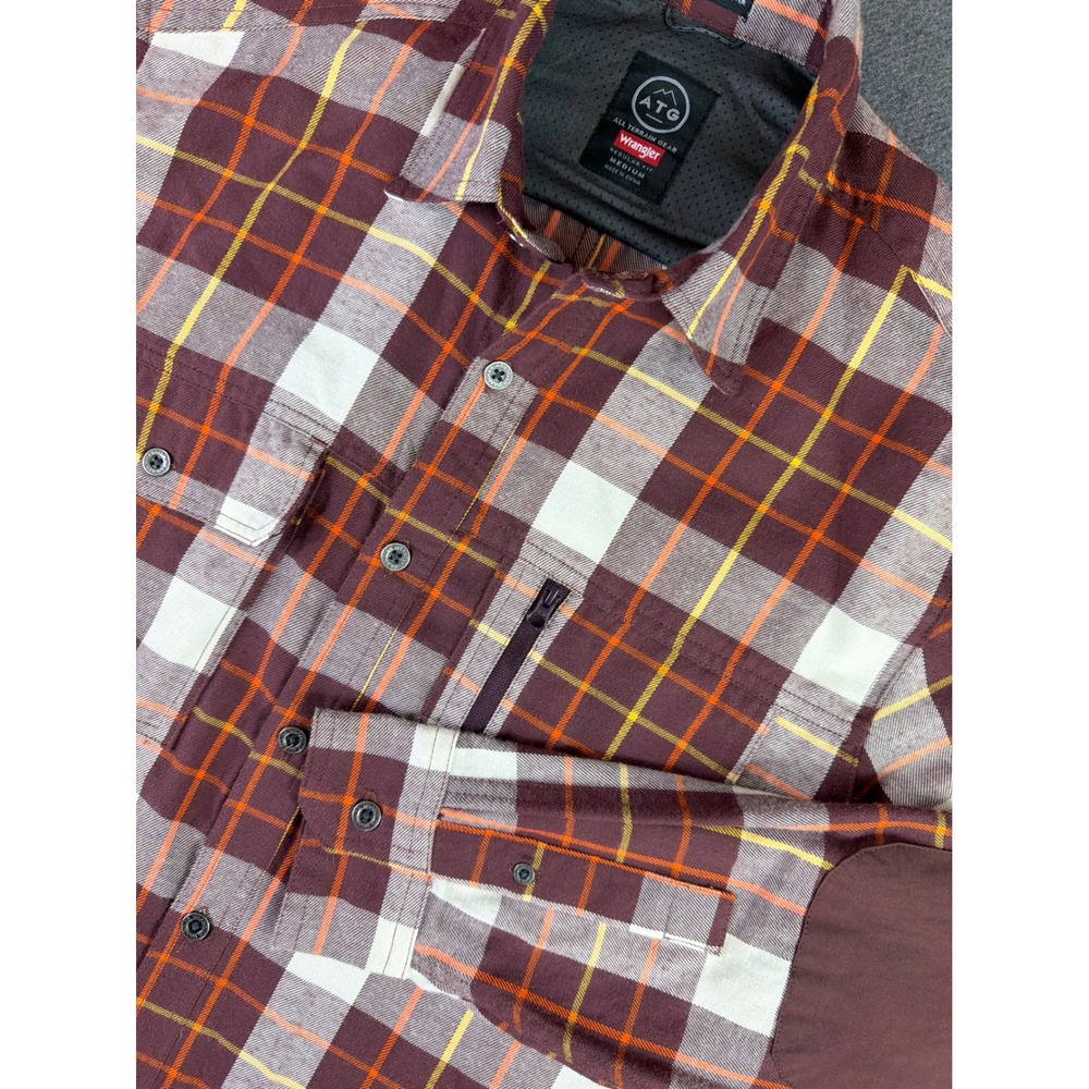 Wrangler ATG Shirt Mens Medium Burgundy Plaid Long Sleeve Reinforced Elbows Zip